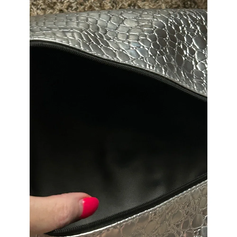Makeup Junkie Bags Silver Metallic Croc Embossed Large Cosmetic Bag Tassel
